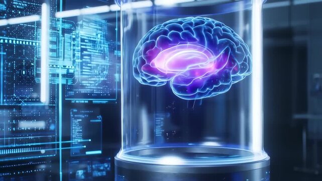 A glowing brain encased in glass, flanked by data displays, futuristic concept - Powered by Adobe