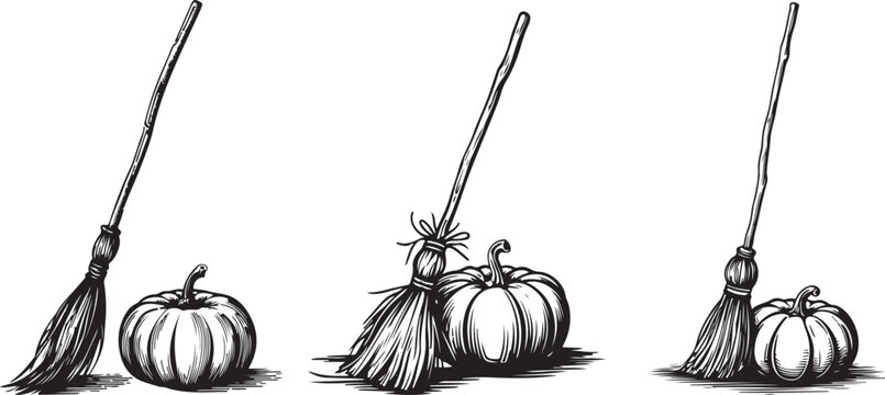 Whimsical halloween witch brooms and pumpkins hand drawn sketch on vector