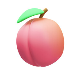 Realistic 3D Rendered Peach Fruit With Light Green Leaf and Stem Against Transparent Background