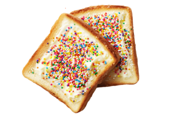 Australia fairy bread with white frosting and multicolored sprinkles, isolated on white transparent background.