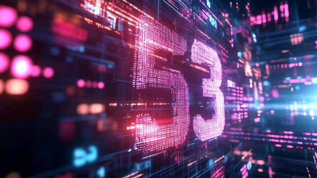 Vibrant Neon Cityscape With Digital 3D Elements Number 53 And Futuristic Light Trails At Night, suitable for digital branding and media campaigns.