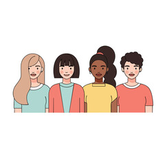 A diverse group of four young adults three women and one man smiling together in a flat vector cartoon illustration.