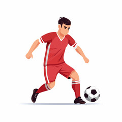 Dynamic male soccer player in a vibrant red uniform skillfully dribbling the ball during a spirited game, embodying athleticism and competition