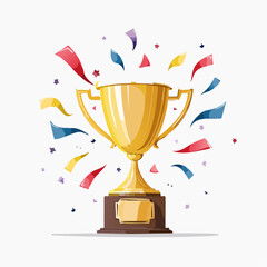 Glorious golden championship trophy surrounded by an explosion of festive confetti, representing ultimate victory and distinguished achievement