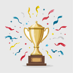 Golden trophy cup award with colorful confetti for championship victory celebration