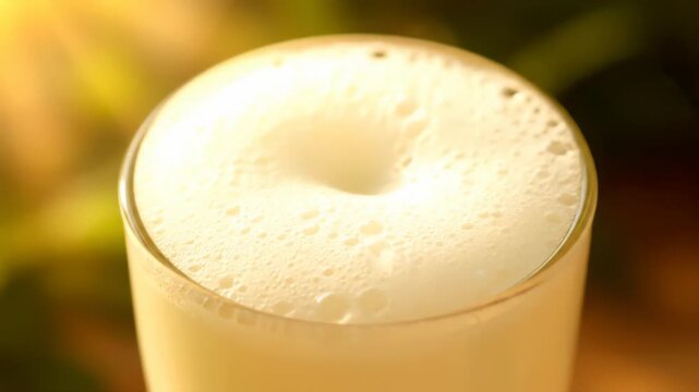 Close Up of Refreshing Frothy Ayran Drink in Glass, Macro Shot