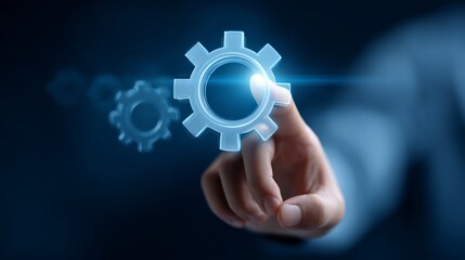 Professional engages with digital interface displaying gears in a modern workspace setting