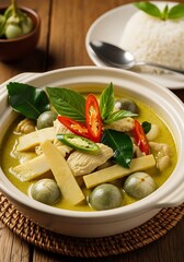 Authentic Thai Green Curry with Chicken, Bamboo Shoots, and Eggplant.