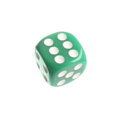 Green game dice on white background