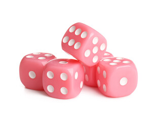 Many pink game dices on white background