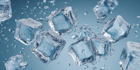 Obraz premium Floating ice cubes in cold water splash with frozen droplets and refreshing clear design - AI generated