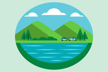 Fototapeta premium Flat design illustration of a serene landscape with mountains lake trees and cars