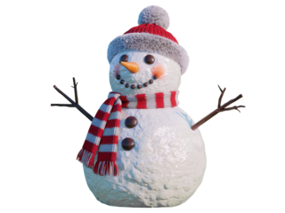 A cheerful snowman wearing a red and white striped scarf and a gray pom pom hat isolated on transparent background