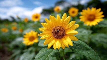 Fototapeta premium Sunflower with bee in a vibrant field under a blue sky.