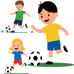 Three happy children, two boys and one girl, playing soccer outdoors on green grass, smiling and having fun with footballs.