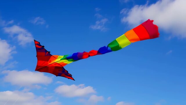 A rainbow-colored kite soars gracefully in a bright, blue sky with puffy clouds