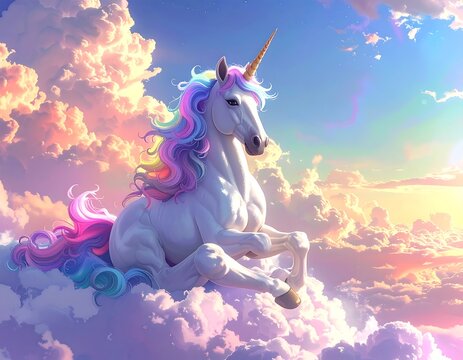 A majestic, mythical creature, a unicorn, rests gracefully amidst fluffy, colorful clouds with a glowing sunset in the backdrop