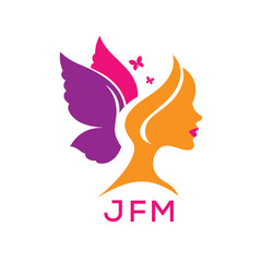 JFM Elegant Butterfly Woman Logo Design.  JFM Beauty and Wellness Brand Identity. JFM Feminine Salon and Cosmetic Symbol.

