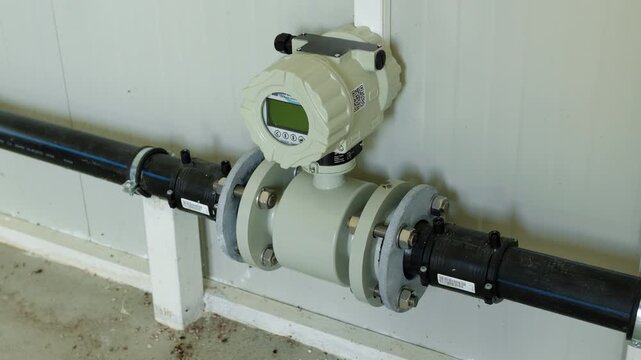 Flow measurement device with digital display mounted on pipeline, showcasing precision engineering and functionality in an industrial setting, emphasizing technology and efficiency