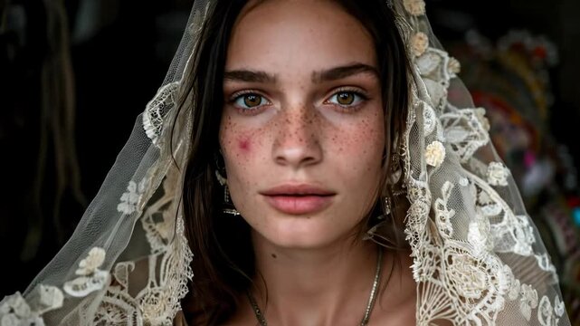 A woman, appearing to be of gypsy, romani, or romany descent, eyes closed, enjoys a quiet moment. The female is dressed in bohemian clothing, a roamer, traveler, vagabond