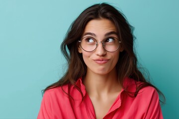 Fototapeta premium Young caucasian female in glasses making playful expression on turquoise background