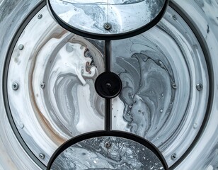 Abstract symmetric composition featuring swirling paint within metallic circular frames