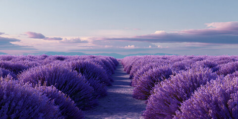 Obraz premium Lavender field rows in blooming purple landscape with serene sky background - AI generated