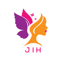 JIH Creative Beauty Butterfly Woman Logo. JIH Design | Feminine Elegant Salon and Spa Brand Identity.  JIH Modern Beauty Icon.
