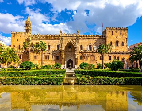 A majestic, ornate, historic building of golden stone. It stands before a body of water. Lush green landscaping frames the structure against a bright blue sky