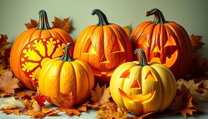 Three carved pumpkins, different designs, autumn leaves, pumpkin, spooky pumpkins