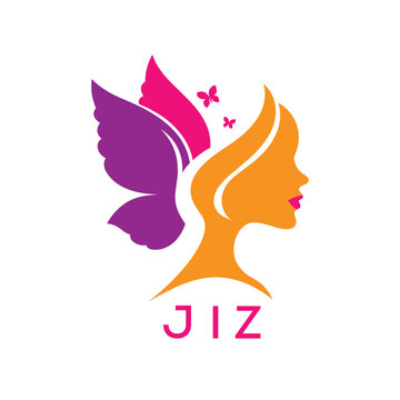 JIZ Creative Beauty Butterfly Woman Logo. JIZ Design | Feminine Elegant Salon and Spa Brand Identity.  JIZ Modern Beauty Icon.
