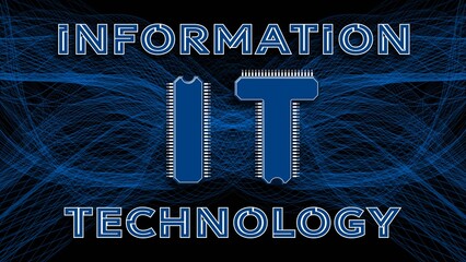 IT - Information Technology. The letters I and T in the form of microchips to the abbreviation IT on black background with grid waves- 3D Illustration