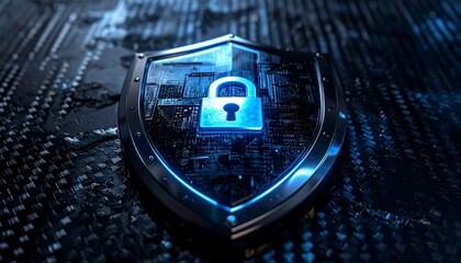 Secure digital shield with glowing blue padlock icon symbolizing data protection and cybersecurity in a technological network