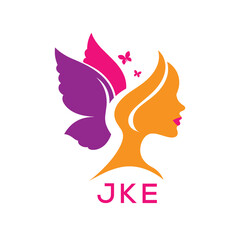 JKE Creative Beauty Butterfly Woman Logo. JKE Design | Feminine Elegant Salon and Spa Brand Identity.  JKE Modern Beauty Icon.
