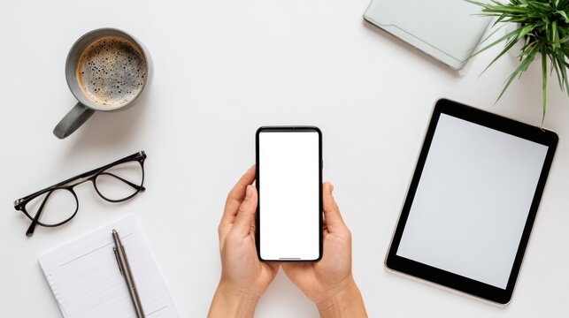 Top view minimal workspace with human hand holding smartphone, beside tablet, pen, white paper, coffee cup, and glasses, bright clean daylight, modern tone, wide copy space for text.