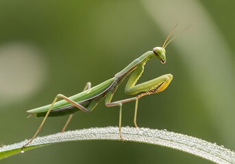 Praying Mantis on Dew-Kissed Leaf - A Study in Green and Focus.