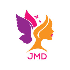 JMD Creative Beauty Butterfly Woman Logo. JMD Design | Feminine Elegant Salon and Spa Brand Identity.  JMD Modern Beauty Icon.
