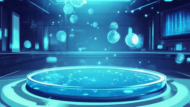 Futuristic laboratory with holographic particles and biotechnology research