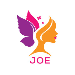 JOE Creative Beauty Butterfly Woman Logo. JOE Design | Feminine Elegant Salon and Spa Brand Identity.  JOE Modern Beauty Icon.
