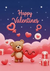 Valentines Day Teddy Bear with Hearts and Gifts Illustration.