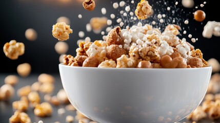 Falling Caramel Popcorn in White Bowl: Sweet and Savory Snack Still Life on Dark Background, Movie Night Treat