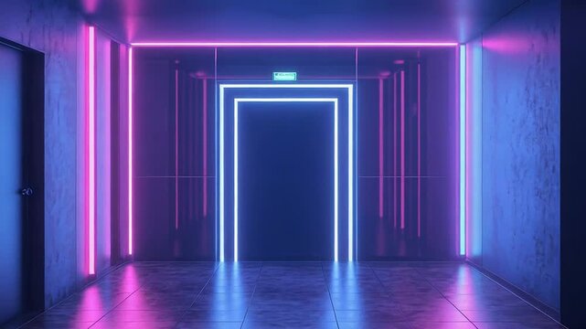 Futuristic hallway with neon purple and blue lights