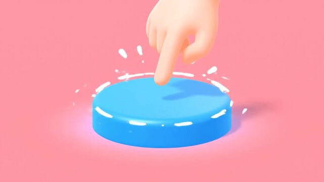 Icon of a hand tapping on a button with motion lines on a pink background, symbolizing interaction