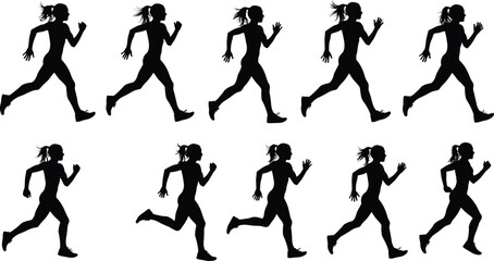 Running woman silhouette, female athlete jogging, fitness training exercise, healthy lifestyle concept, workout activity, sport motion, black and white vector illustration