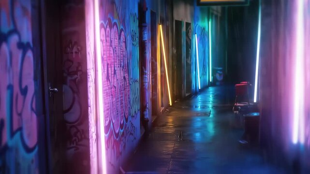 Neon-lit alleyway with graffiti