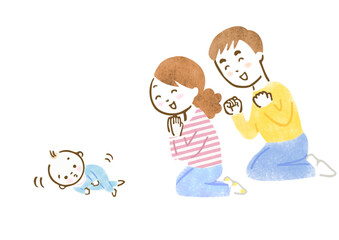 寝返りをする赤ちゃんを見て喜んだり励ましたりしている両親の手描きイラスト