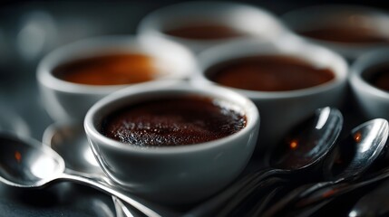 A coffee tasting session with multiple white bowls filled with dark liquid and spoons captured with dramatic studio lighting
