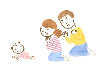 ずり這いをしている赤ちゃんを見て、喜んだり応援したりしている両親のイラスト