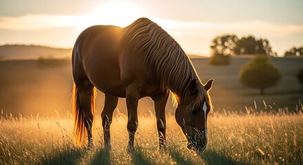 Horse Grazing in Golden Light - A Serene Countryside Scene.