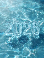 Year 2026 Transparent Water Glass Numbers Floating on Blue Ripples